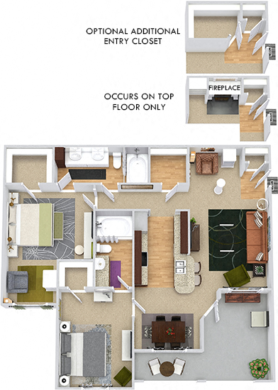 Floor plan for 2 beds, 2 baths, 1099 sqft
